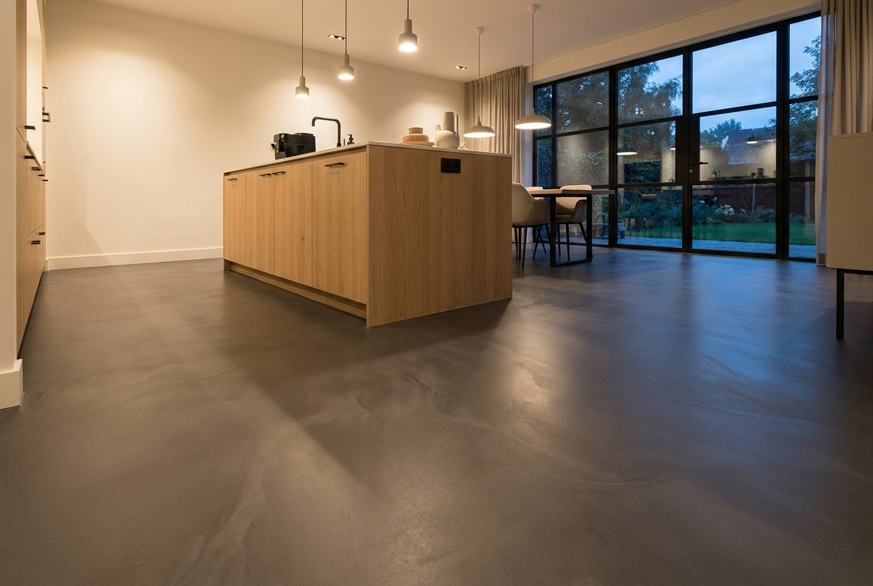 Sfeerimpressie: lavasteen gietvloer in warm antraciet in een moderne keuken