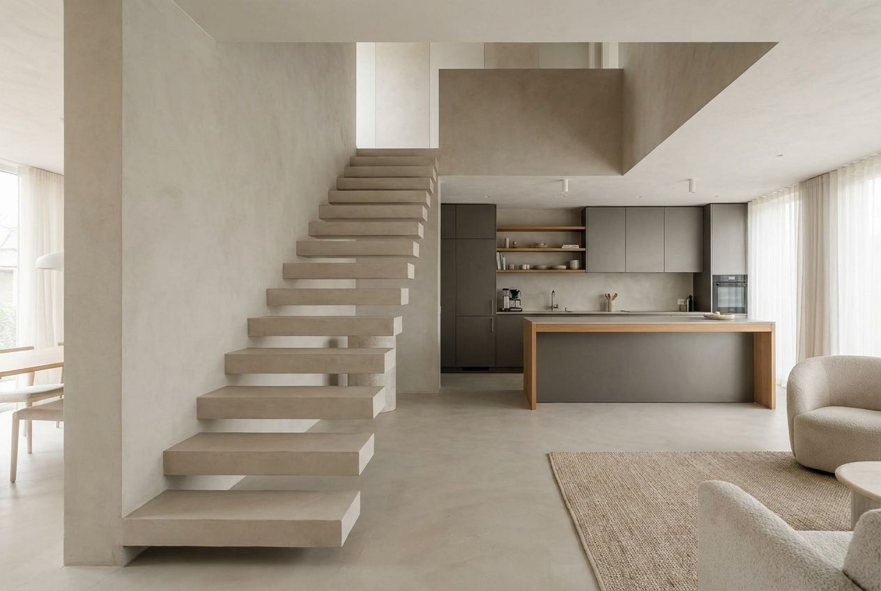 Sfeerimpressie: microcement doorlopend over vloer, trap en keukenwand