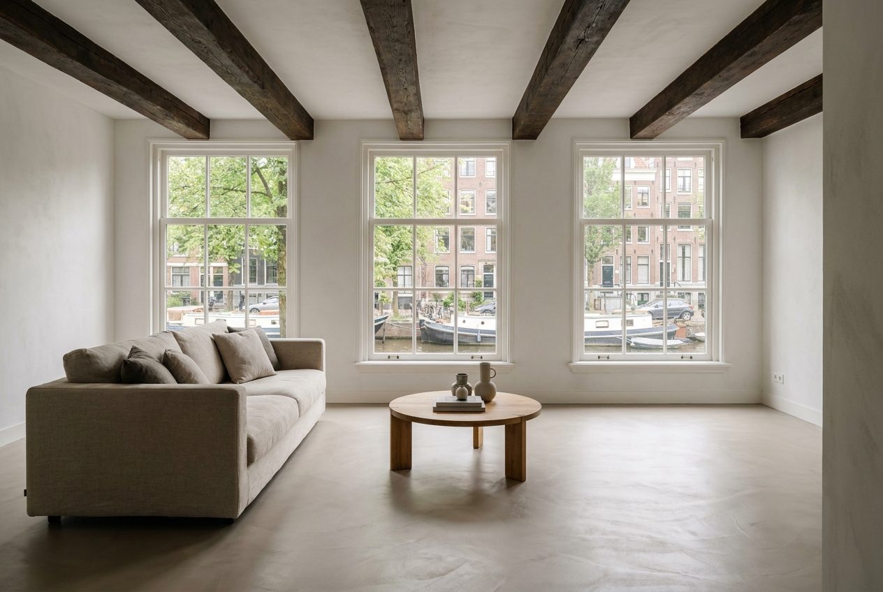 Sfeerimpressie: woonkamer in een gerenoveerd grachtenpand met houten balken en een lichte microcement vloer